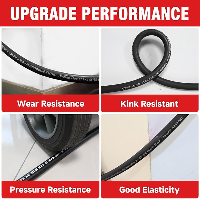 3/8" Non Marking Pressure Washer Hose 100 FT,Kink Resistant Power Washer Replacement Hose Steel Wire Braided for Hot and Cold Water, with M22 14mm to 3/8" Swivel Quick Connect, 5000 PSI (100FT)