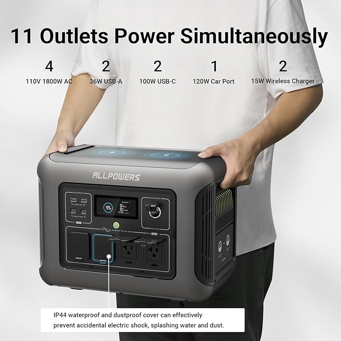 ALLPOWERS R1500 LITE 1600W/1056Wh & 3500+ Cycle LiFePO4 Battery with 4xAC Outlets, 650W MPPT, and UPS <15ms for Home, RV, Outdoor. (R1500 LITE+SP033*2-200W)