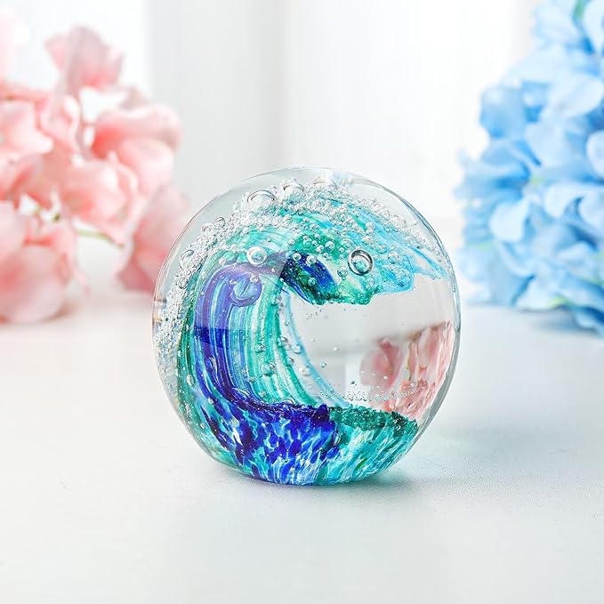 Decorative Crystal Ball Figurines Ocean Waves Paperweight Blown Glass Decor Sea Art Ocean Lovers Gift Blue Green 3.15"