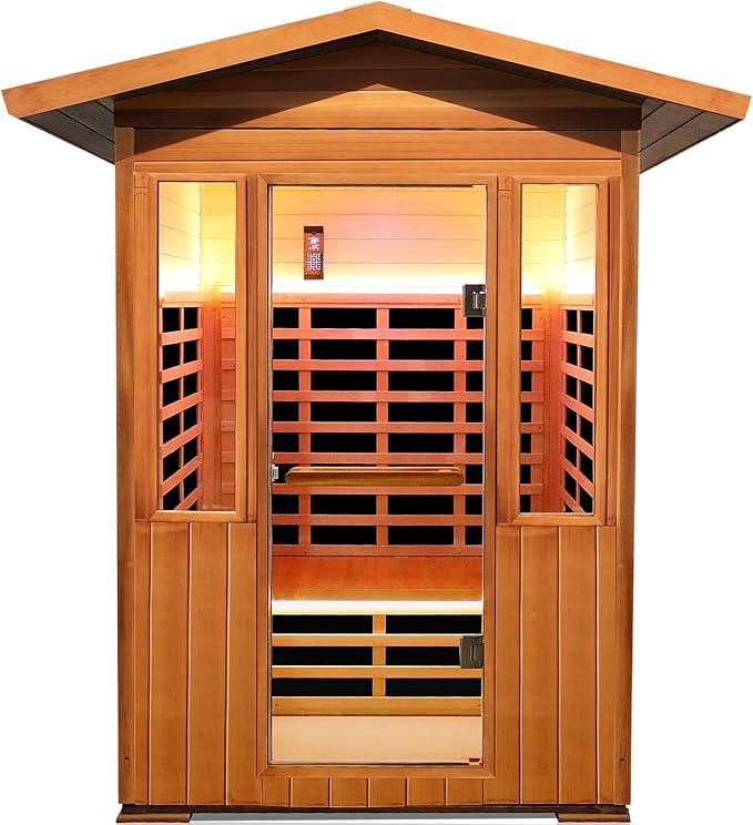 Outdoor Sauna 2 Person Sauna Outdoor Infrared Sauna 2-Person for Home 1800w Outdoor Saunas for Home Canadian Hemlock and Red Cedar Wood Sauna Outdoor Two Person Far Infrared Sauna Low EMF for Backyard