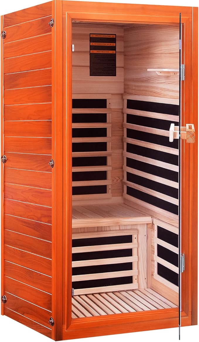 Far Infrared Sauna for Home 1 Person Indoor Wood Sauna Personal Spa Room 120V with Red Light Bluetooth Speakers 31.5"x31.5"x63"