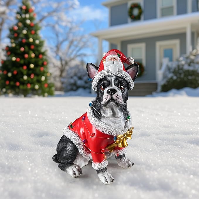 Christmas Outdoor Decoration Dog Statue, LED Light Cute French Bulldog Sculpture with Santa Outfit & Lights for Garden and Yard, Indoor Holiday Décor Gift for mom and dad