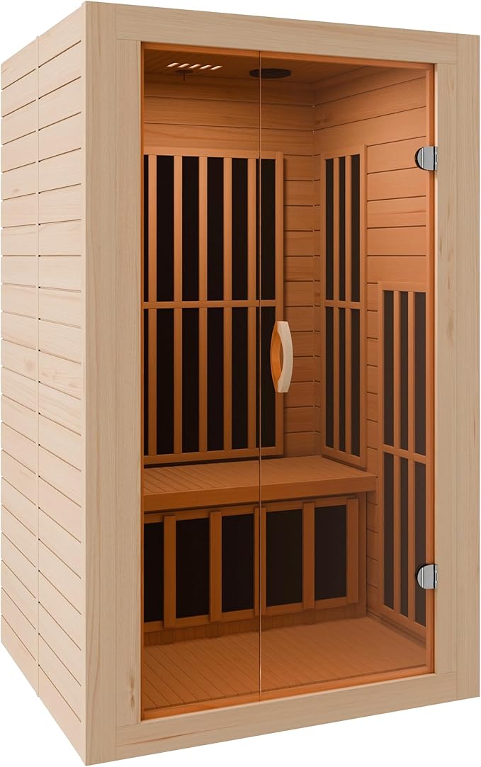 SteamSpa 1-2 Person Low EMF Carbon FAR Infrared Hemlock Wood and Tempered Glass Indoor Home Sauna Room with LED Touch Control Panel, Color LED Therapy Light, Bluetooth Speaker