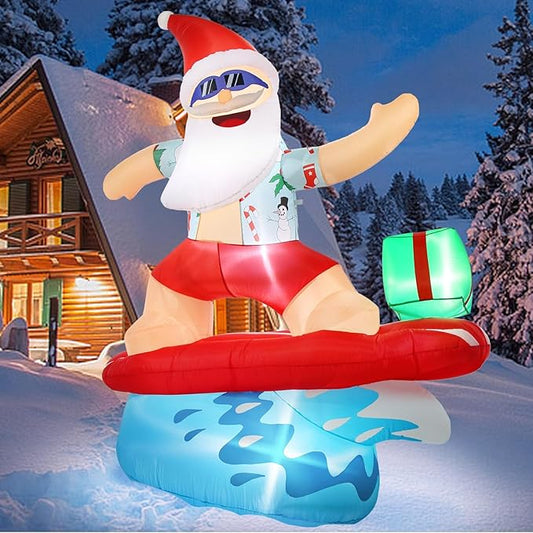 Gardentime 6.5FT Christmas Santa Claus Inflatables Outdoor Decoration Surfing Santa Fun Hawaii Giant Xmas Blowups with Built-in LED Lights for Holiday Indoor Yard Lawn Garden Outside Home Decor