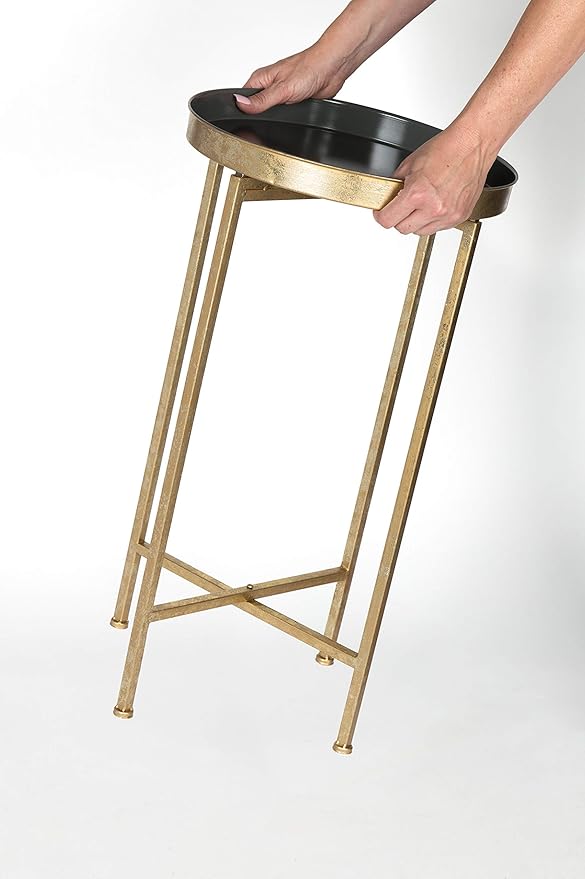 Kate and Laurel Celia Round Metal Foldable Tray Accent Table, Gray with Gold Base