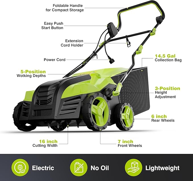 16-Inch Electric Dethatcher and Scarifier, YERYORK 2-in-1 Scarifier and Lawn Dethatcher with Powerful 15.5 AMP Motor 14.5Gal Collection Bag 5-Position Depth Foldable Handle for Lawns(Dark Green)