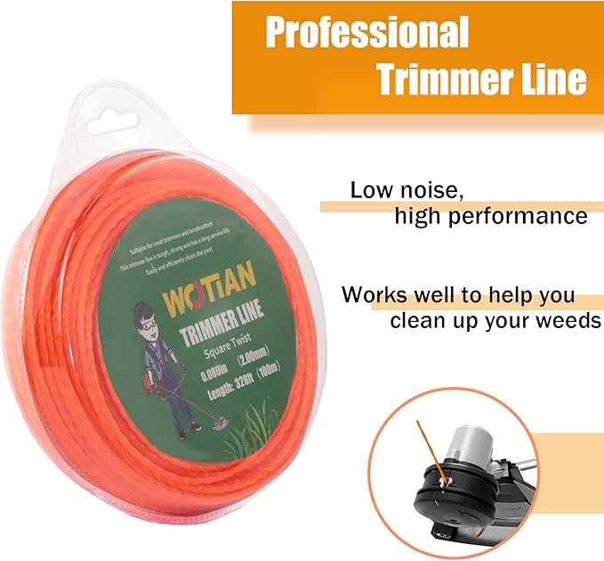 WOTIAN 080 Square Twisted Trimmer line 0.080-Inches Weed Eater String 328-Foot Square Twist Weed Wacker String of Nylon Compatible with Stihl Echo Universal Grass Cordless Electric Trimmer,Orange