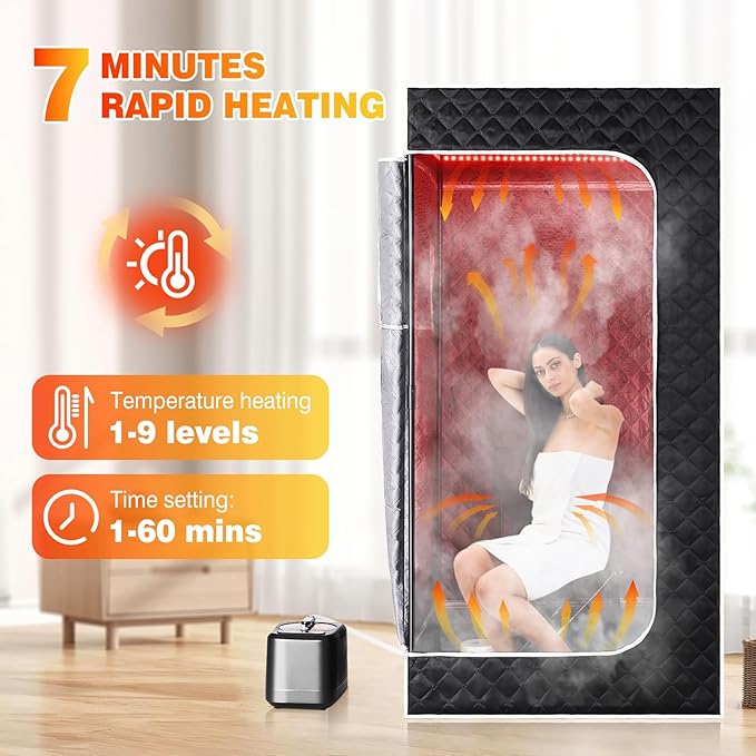 Portable Red Light Sauna Box for Home, 1200W Infrared Sauna Tent 9 Levels 60 Mins Timer Remote Control, 3L Steamer Steam Full Body, Folding Chair Mat, Detox & Full Body Recovery, 5.9 * 2.9 * 2.9ft
