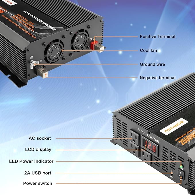 2500 watt Inverter Modified Wave car Power Inverter for car Vehicles Truck Camper Solar Panel 12v to 110v /120V Power Converter Adapter with Clamps 2500 watt