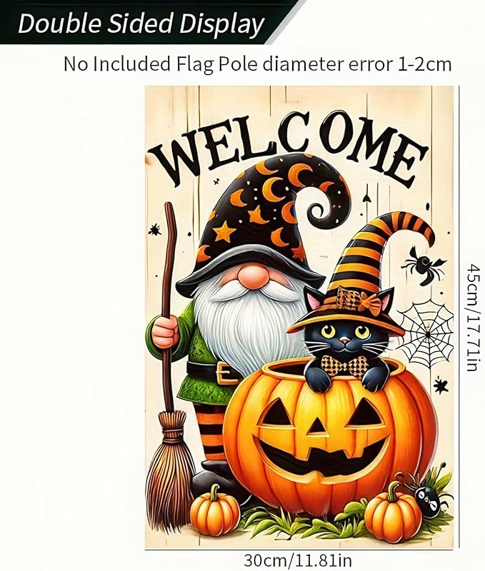 Welcome Halloween Gnome Decorative Garden Flag Halloween Black Cat Garden Flag 12x 18 Inch Double Sided Spooky Pumpkin Welcome Yard Flag Holiday Seasonal Outdoor Outside Decoration