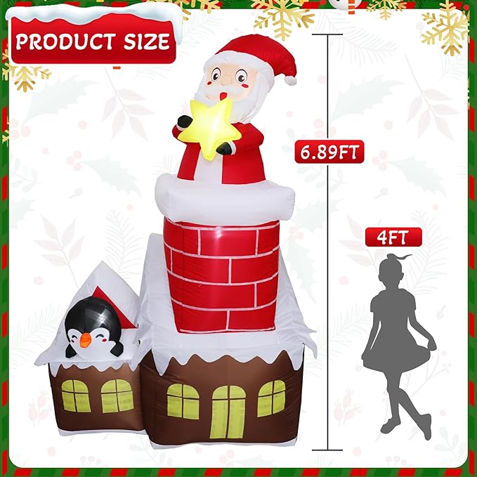 DearSun 7FT H Lovely Christmas Inflatable Santa in The Chimney of Candy House with Penguin&Star Decorations, Blow up Christmas House with Build-in LED Lights Indoor Outdoor Holiday Decoration