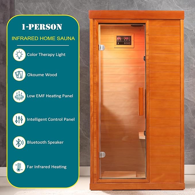 Far Infrared Saunas for Home, 1 Person Sauna Indoor Okoume Wood 1170W Low Emf Dry Sauna Room with Bluetooth Audio, 6 Heaters Panels and Tempered Glass Door (Natural, 35.4" * 27.5" * 63.3")