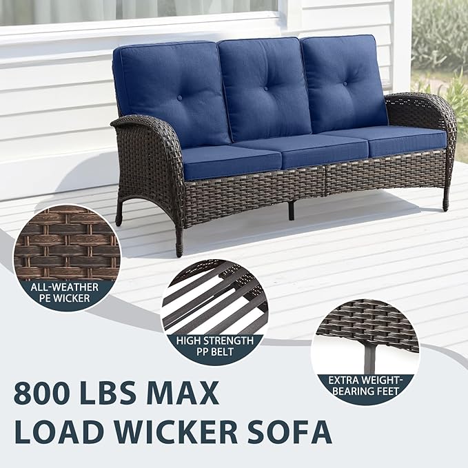 6 Piece Patio Furniture Set - Wicker Patio Conversation Set with Swivel Glider, 3-Seater Sofa, Tempered Glass Side Table and 2 Ottomans for Deck Backyard - Brown Wicker Blue Cushion