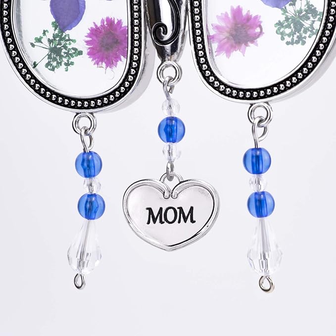 Laraine Butterfly Suncatcher with Pressed Flower Wings Mom Mother's Day Butterfly Glass Wind Chime Ornament Charm with Metal Heart Gifts for Mom Grandma Birthday (Purple Mom (with Free Hook))