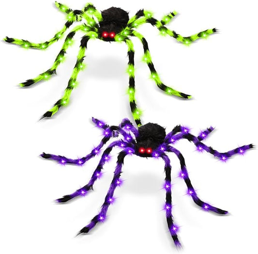 2 Pack 50" Halloween Light Up Spiders, Giant Hairy Spider Decorations with Green and Purple LED Lights, Scary Outdoor Indoor Halloween Decor for Yard, Porch, Tree, Party, Haunted House