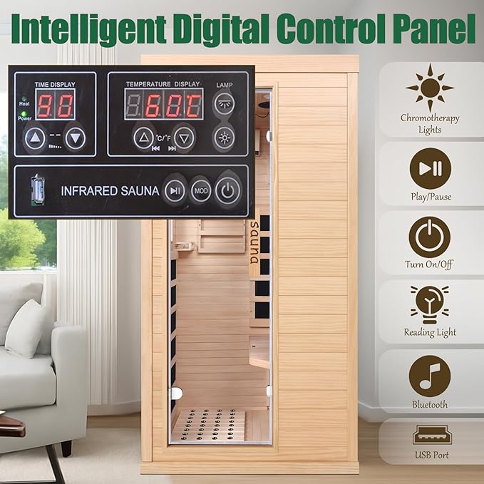 1350W Far Infrared Home Sauna, Energy-Efficient Fast-Heating Indoor Sauna Room with Bluetooth & 7-Color Therapy, Canadian Hemlock Wood, Modular Design - Ideal for Home Gym, Family Relaxation