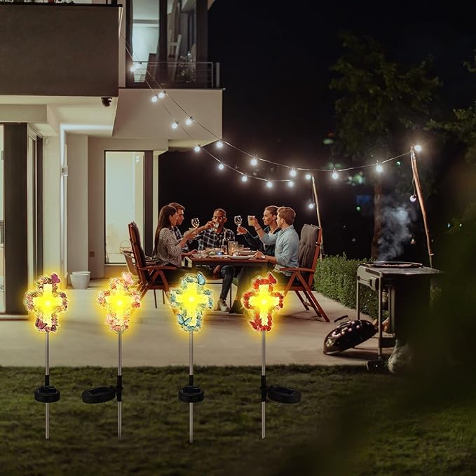 Retisee 4 Pack Halloween Decoration Flowers Cross Garden Stake Solar Lights Outdoors Cemetery Yard Decor Jesus Cross Sympathy Memorial Gift Waterproof for Garden Lawn Patio Pathway Decor