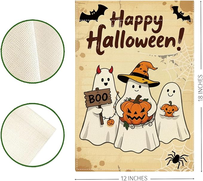 Happy Halloween Garden Flag Ghost Bat Fall Pumpkins Halloween Themed Holiday Party Outside Outdoor Lawn Decorations Yard Flag Double Sided 12x18 Inch