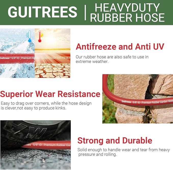 25FT 5/8 Heavy Duty Rubber Garden Hose - 200psi Working, 1000psi Burst - Hot/Cold Water - Five-Layered Braiding for Durability - Versatile for Gardening, Agriculture, Construction(Red)