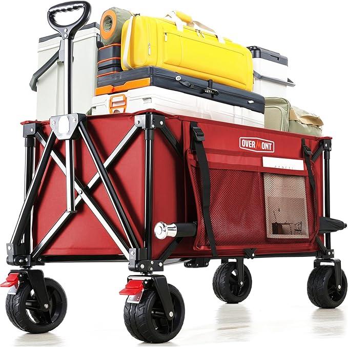 Overmont Collapsible Wagon Cart with Wheels - 180L Foldable Heavy Duty Wagon with Big All-Terrain Wheels - 330Lbs Weight Capacity with Side Pockets for Camping Sports Garden Grocery Shopping red