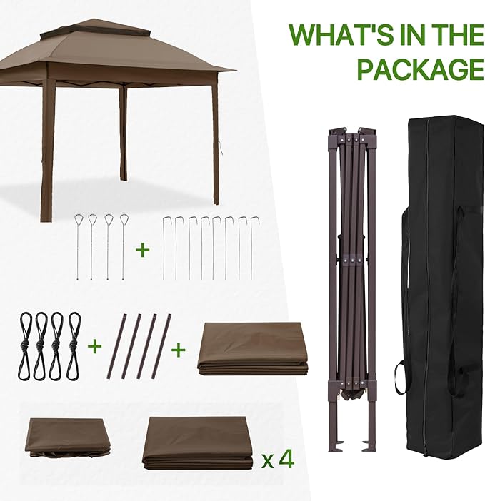 COOS BAY 11x11 Pop-up Instant Gazebo Tent with 4 Sidewalls Outdoor Canopy Shelter with Carry Bag, Stakes and Ropes, Brown