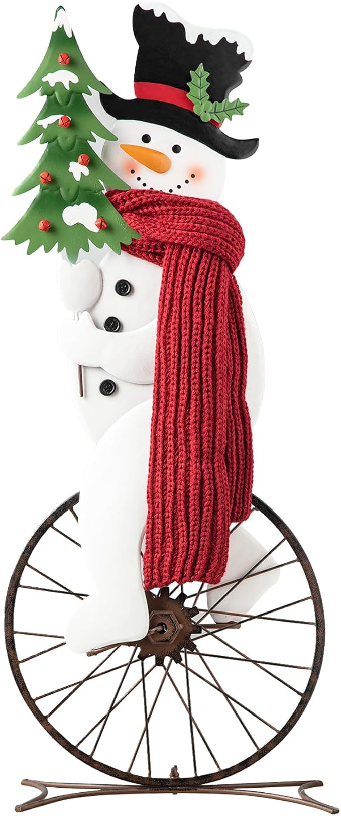 Glitzhome 32”H Metal Snowman Porch Décor Bike Wheel Cute Snowman with Red Scarf Hat Christmas Tree Garden Yard Porch Sign Indoor Outdoor Christmas Decorations