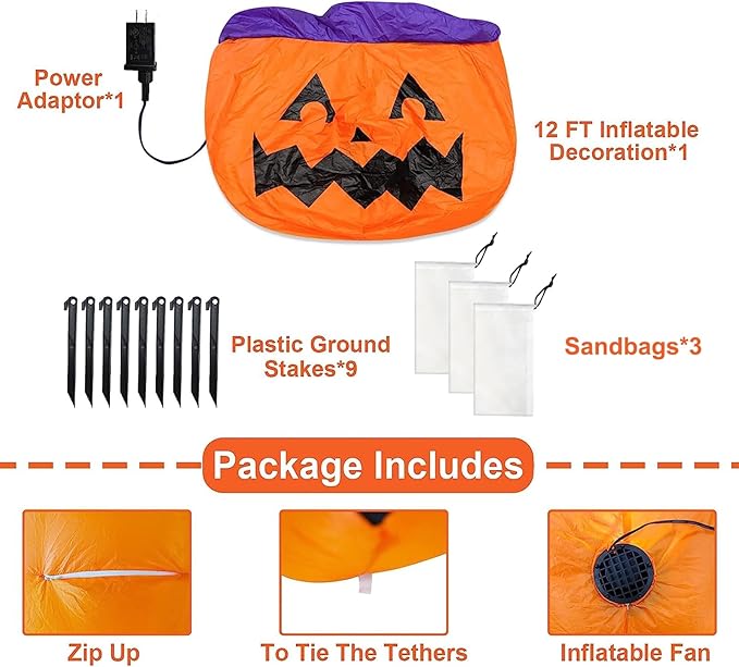 12 Ft Long Halloween Inflatables Pumpkins Outdoor Yard Decoration, 7 PCS Blow up Pumpkins and 2 Witch Hats Built-in LED Lights for Home Holiday Party Lawn Patio Outside