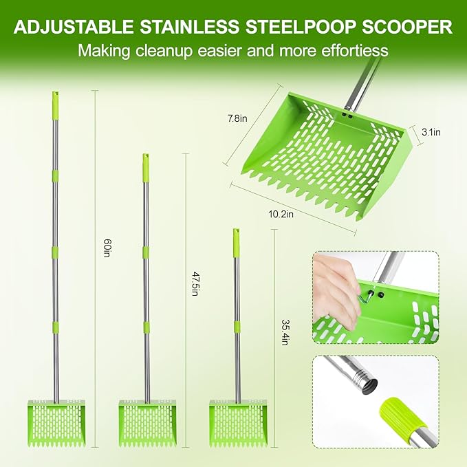 Chicken Poop Scooper & Rake 2-in-1,10" Wide Metal Sand Sifting Shovel with Grip,Adjustable Stainless Steel Handle,Cleaning Tools for Chicken Coops & Farm Animals Scoop (Green)