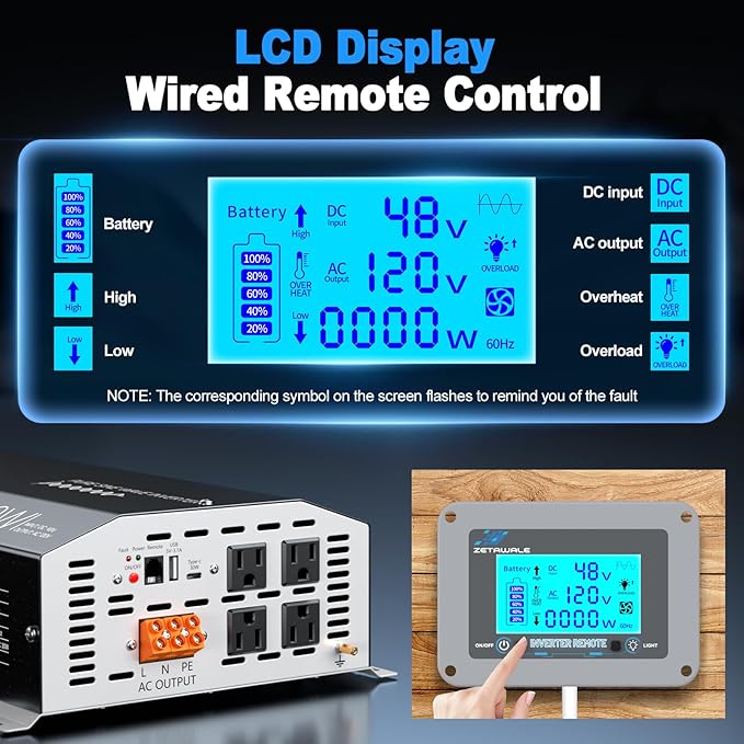 48V 4000 Watt Pure Sine Wave Inverter 48V DC to 110V 120V AC Converter,8000W Peak Power Inverter with 4 AC Outlets,USB Port,Type-C,Remote Control LCD Display for Truck,RV,Vehicles,Solar Off-Grid