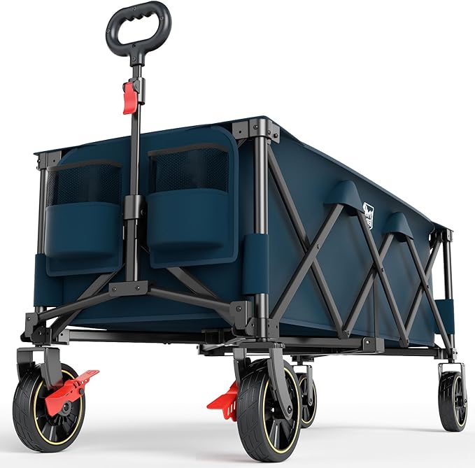 TIMBER RIDGE 51.2'' Extended Collapsible Wagon Cart with Brakes and Cargo Net, 500LBS Heavy Duty Foldable Utility Wagon with Adjustable Handle, 400L Capacity Portable Cart for Camping Sports Shopping