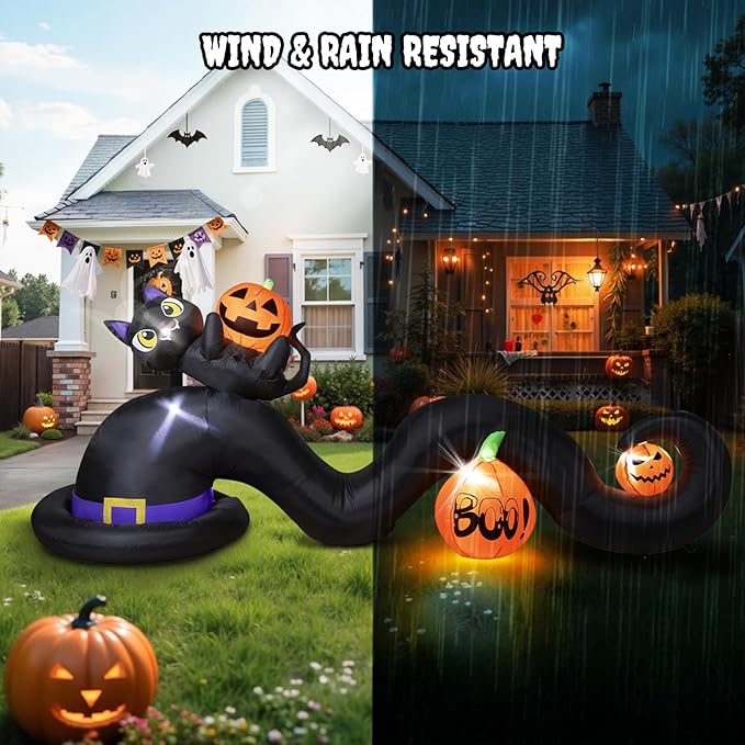 9FT Halloween Inflatable Witch Hat with Black Cat & Pumpkins, Large Blow Up Yard Decoration with 5 Built-in Lights, Cute Halloween Outdoor Inflatables for Party Garden Patio Lawn Decor