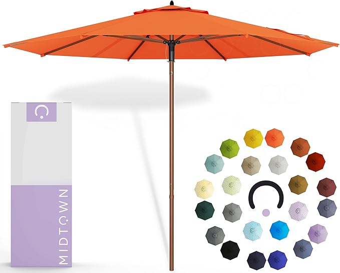 Midtown Umbrellas The Wooden 9 Feet Patio Umbrella With Terylast Tangerine (Bright Orange) Polyester Fabric - Aluminum Frame Market Umbrella For Backyard, Deck, Garden, Pool - Wooden Pole