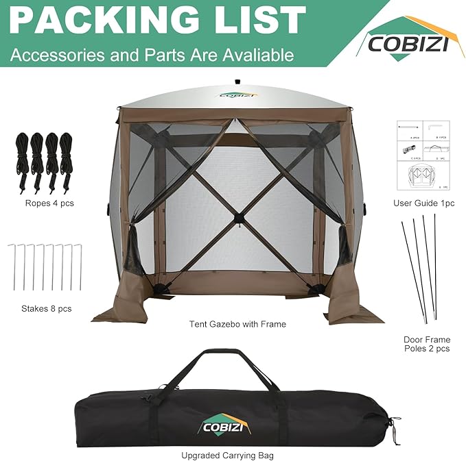 COBIZI 6x6 Pop up Gazebo Tent, Ez up Waterproof Screen Tent Screen House, Portable Outdoor Canopy Sun Shelter with Carry Bag & Ground Stakes for Camping, Garden and Picnics, Brown(Upgraded 2.0)