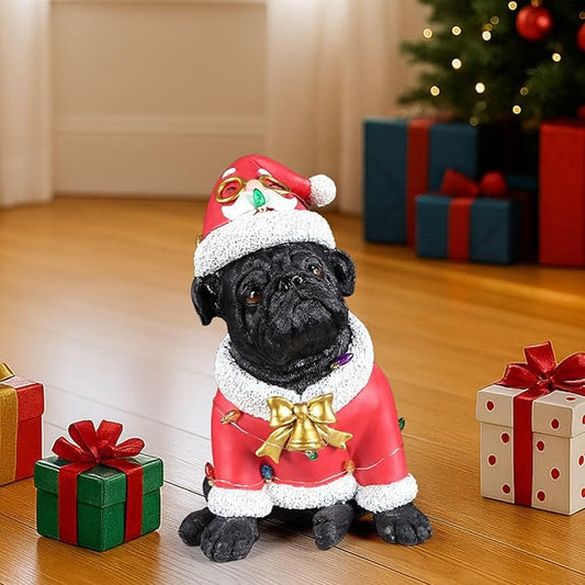Christmas Outdoor Decoration Dog Statue, LED Light Cute English Bulldog Sculpture with Santa Outfit & Lights for Garden and Yard, Indoor Holiday Décor Gift for mom and dad
