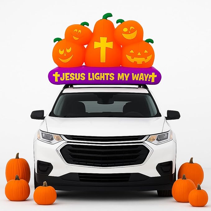 Chivao 5 ft Halloween Christian Inflatable Pumpkins Decoration for Outdoor Jesus Lights My Way Inflatable Pumpkins Trunk or Treat Blow up Yard Decor Halloween with LED for Garden Lawn Holiday Decor