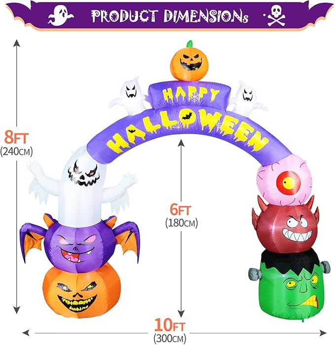 DomKom 10FT Long&8FT Tall Gaint Halloween Inflatable Decorations Arch, Build-in LED Lights Holiday Blow Up Yard Decoration for Halloween Holiday Party Outdoor，Garden Yard Lawn Decor
