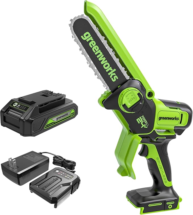 Greenworks 24V 6" Mini Chainsaw Cordless , Small Cordless Handheld Saw, 2.0Ah Battery and Charger Included, for Tree Trimming Wood Cutting, Best Gifts for Dad, Husband