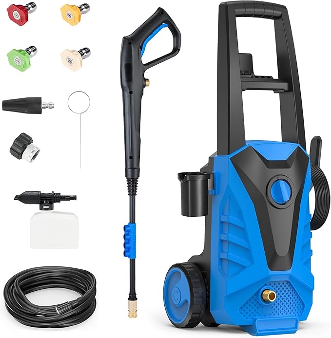 Electric Pressure Washer, 2100 Max PSI 2.0 Max GPM with Anti-Tipping Technology, Onboard Soap Tank, 4-Nozzle Set, for Cars/Fences/Driveways/Home/Patios, Blue