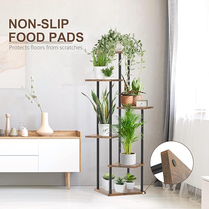 6 Tier Tall Plant Stand Indoor, Large Wood Metal Planter Shelf Holder for Narrow Corner, Sturdy Vertical Multiple Flower Orchid Pot Decorative Rack for House Living Room Bedroom Office, Rustic Black