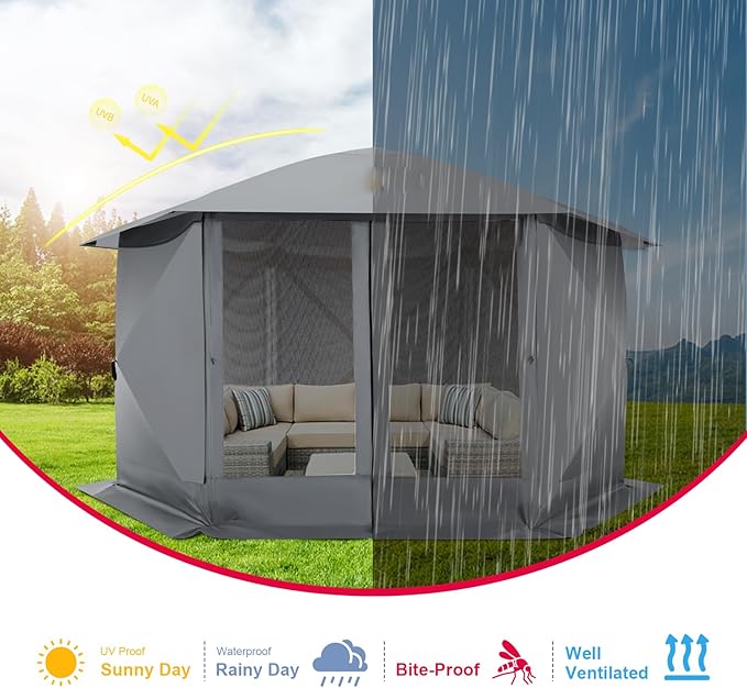 COBlZl Pop Up Gazebo 12x12 Screen House Tent for Camping, Outdoor Instant Stargazing Gazebo Canopy with Awning 2.0, Portable Hub Tent with Removable Sidewalls,Pavilion for Backyard,Gray