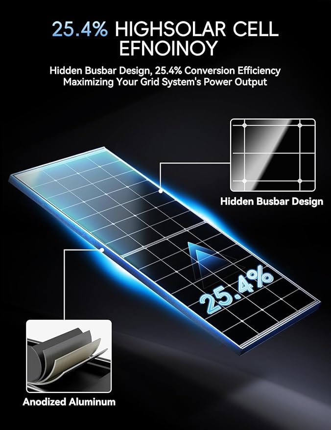 220W Solar Panel, 25.4% High Efficiency Monocrystalline with 10BB & Hidden Busbar Tech, MC4 Connectors, IP68 Waterproof for 12V/24V Off-Grid Systems, RV, Boat, Cabin, Backup Power