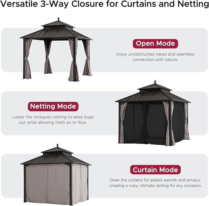 SUNJOY Kingston 10' x 10' Hardtop Gazebo with Galvanized Steel Double Roof, Curtain and Netting, Brown Aluminum Posts Permanent Pavilion Gazebo for Garden, Patio, Deck, Lawn