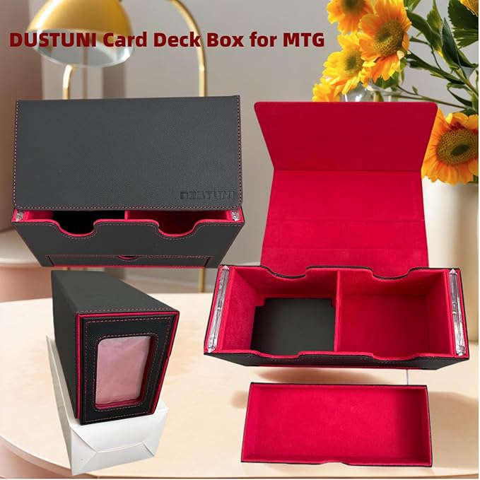 Card Deck Box for mtg – Fits 100+ Double-Sleeved Cards, Dual Commander Display with Dice Tray, PU Leather Organizer for TCG, CCG, Sports Cards (Black&Red)