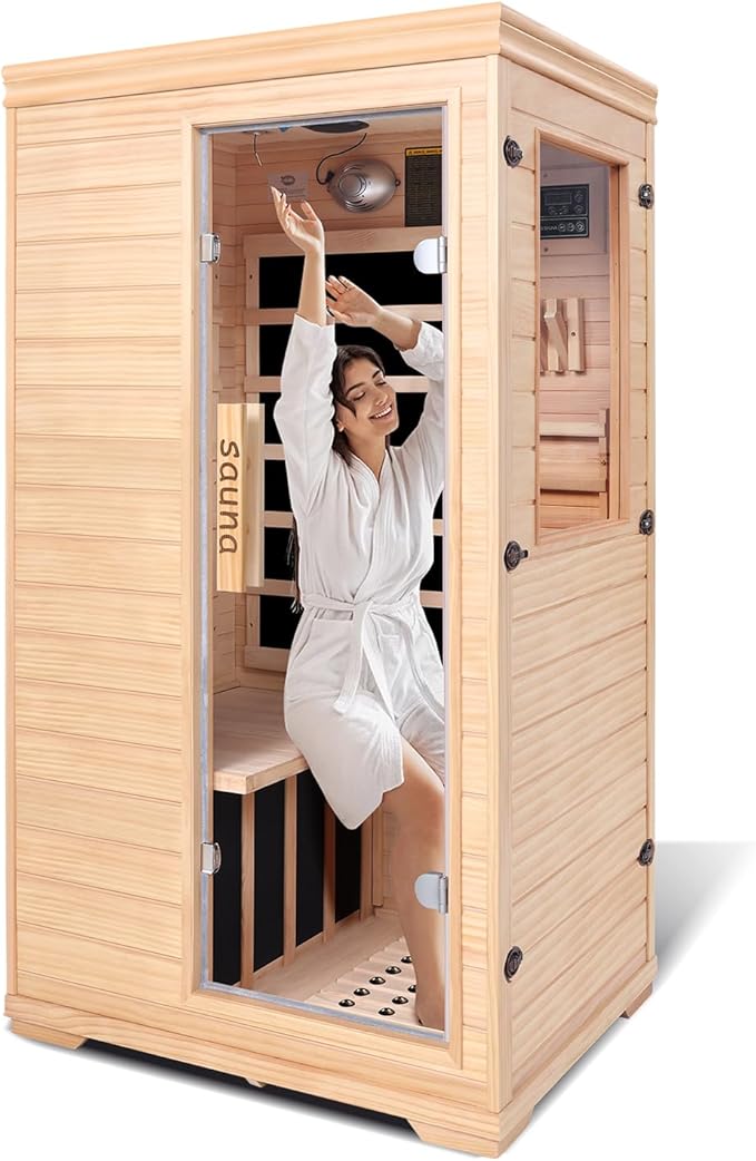 Far Infrared Sauna for 1 Person - 1050W Fast Heating, Canadian Hemlock Wood Home Sauna with Bluetooth Speaker, Chromotherapy & Oxygen Ionizer Easy Assembly Indoor Sauna for Relaxation, Detox, Home Gym