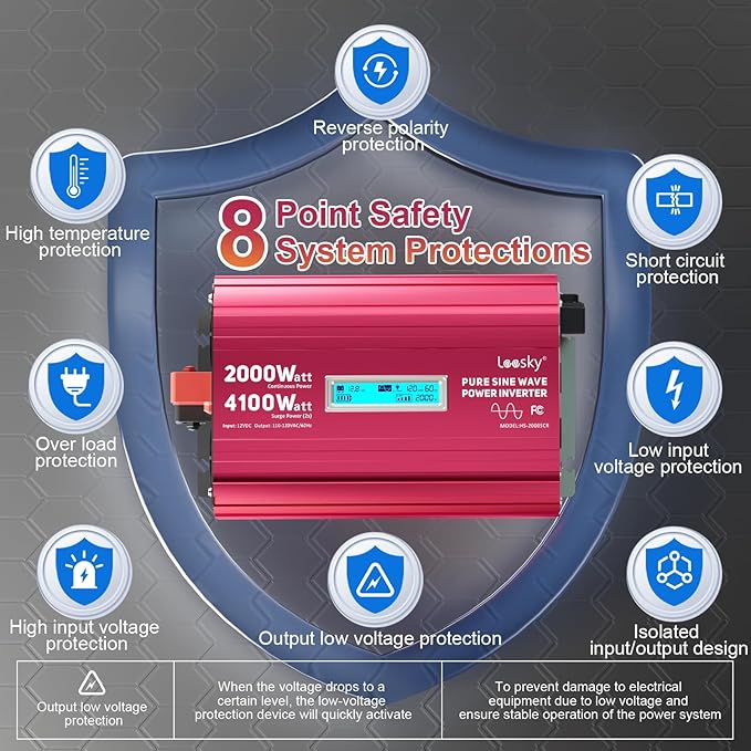 2000 Watt Pure Sine Wave Inverter 12V to 110V 120V AC 4100W Surge Peak Power for 2s Remote Control PD36W USB-C Compatible with Lithium Battery Starlink for Off-Grid Solar System RV Car Home LEESKY