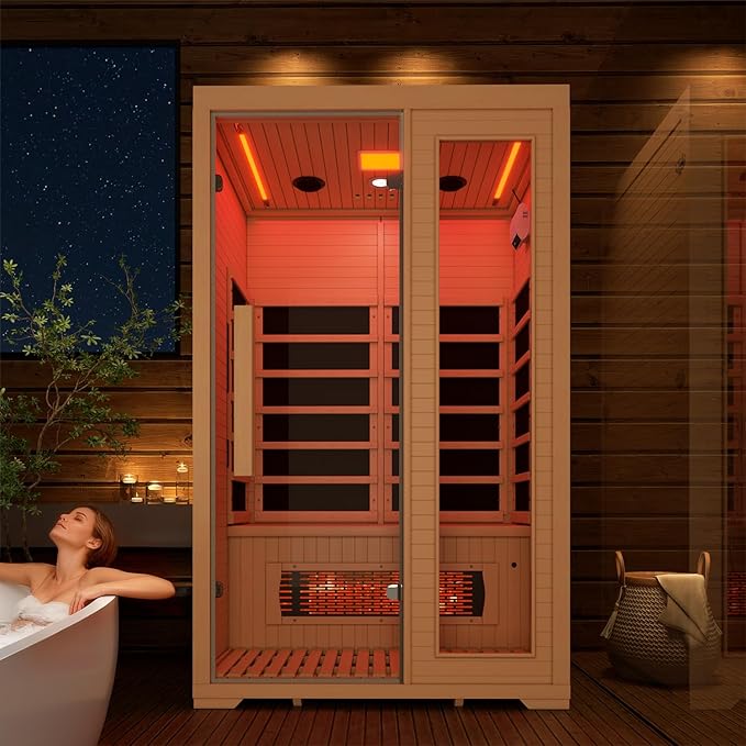 2 Person Infrared Sauna, Full Spectrum Sauna for Home, Indoor Dry Saunas with 5 Carbon Panels and 1 Carbon Tube, Oxygen Bar and 7 Color Light Strips, Canadian Hemlock,110V