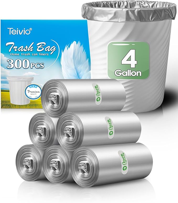 4 Gallon 300 Counts Strong Trash Bags Garbage Bags by Teivio, Bathroom Trash Can Bin Liners, Small Plastic Bags for home office kitchen (Grey)
