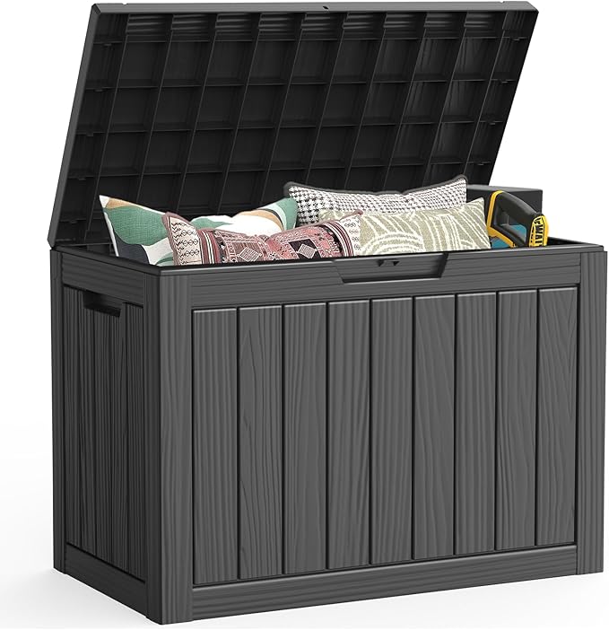 Outdoor Storage Box, 50 Gallon Deck Box Waterproof, Resin Patio Storage Bin for Package Delivery, Patio Furniture Cushion, Garden Tools, Pool Accessories, Weatherproof, Black