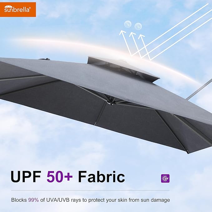 PURPLE LEAF Cantilever Umbrella with Base Included 12FT Heavy Duty Large Double Top Offset Hanging 360° Rotation Square Umbrella for Garden Patio Deck Pool Backyard Cast Slate