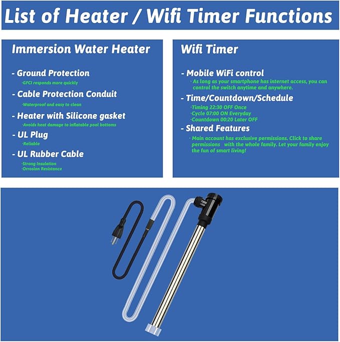 1500W Immersion Water Heater Portable Electric Pool and Hot Tub Submersible Water Heater with WiFi Timer and Auto Shut Off for Spa, above ground pool, Bathtub, Swimming pool & baptismal pool